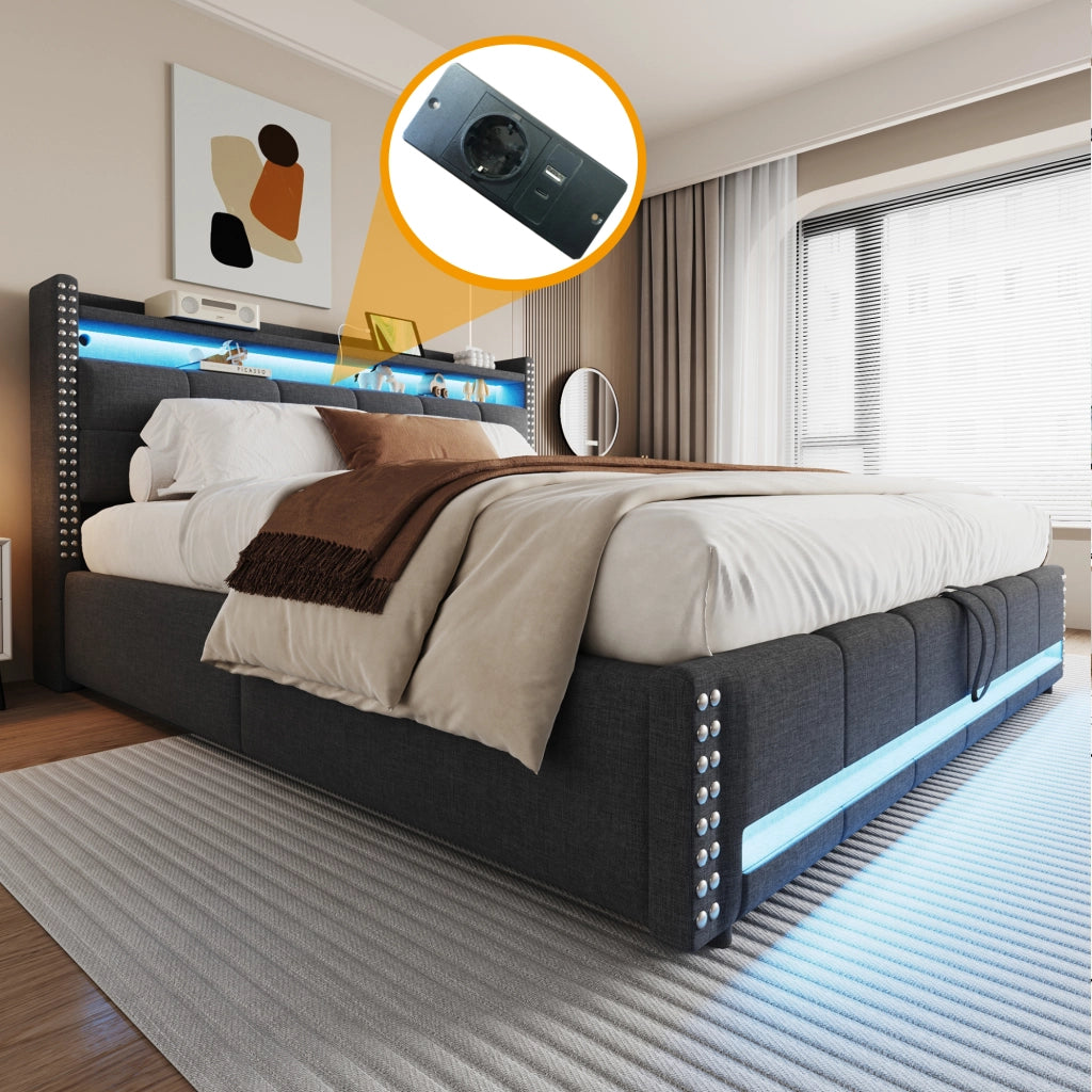 Letto imbottito 180x200 cm con contenitore; LED multicolore e presa USB; grigio