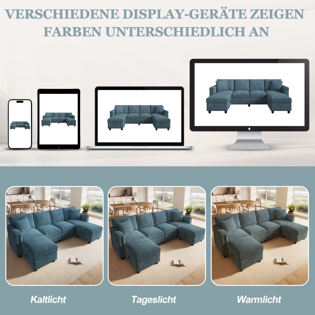 Divano modulare a 6 posti in ciniglia blu con 2 pouf contenitore e ricarica USB Type-C 82 × 261 × 134 cm