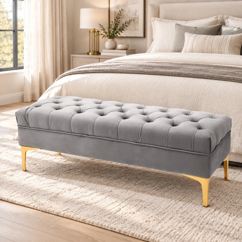 Panca imbottita 118x45x42 cm in velluto grigio chiaro con gambe dorate
