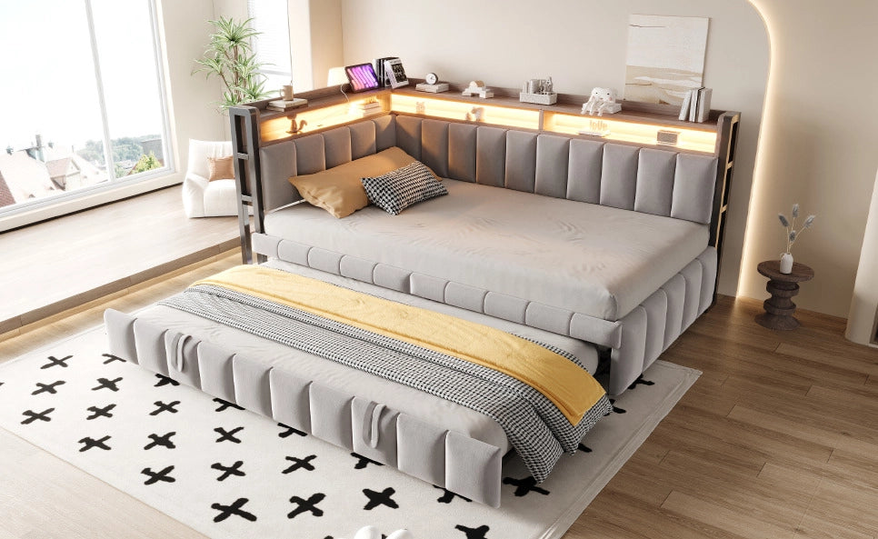 Divano letto estraibile ULEVR 90x200 cm con LED, USB e Type-C, vani portaoggetti, velluto grigio chiaro