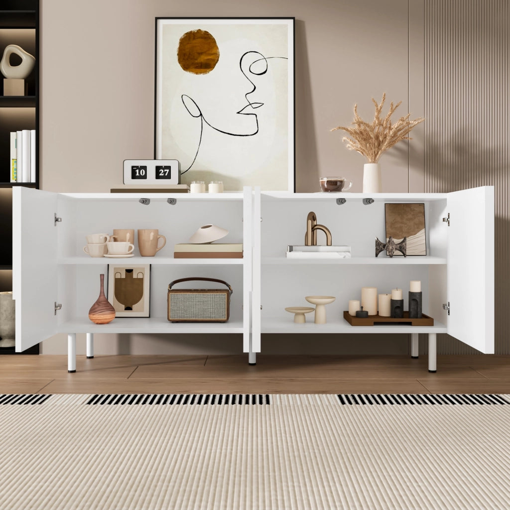 Credenza e madia geometrica con ante silenziose, per sala da pranzo, in MDF e truciolare bianca, 160 × 38,5 × 70 cm