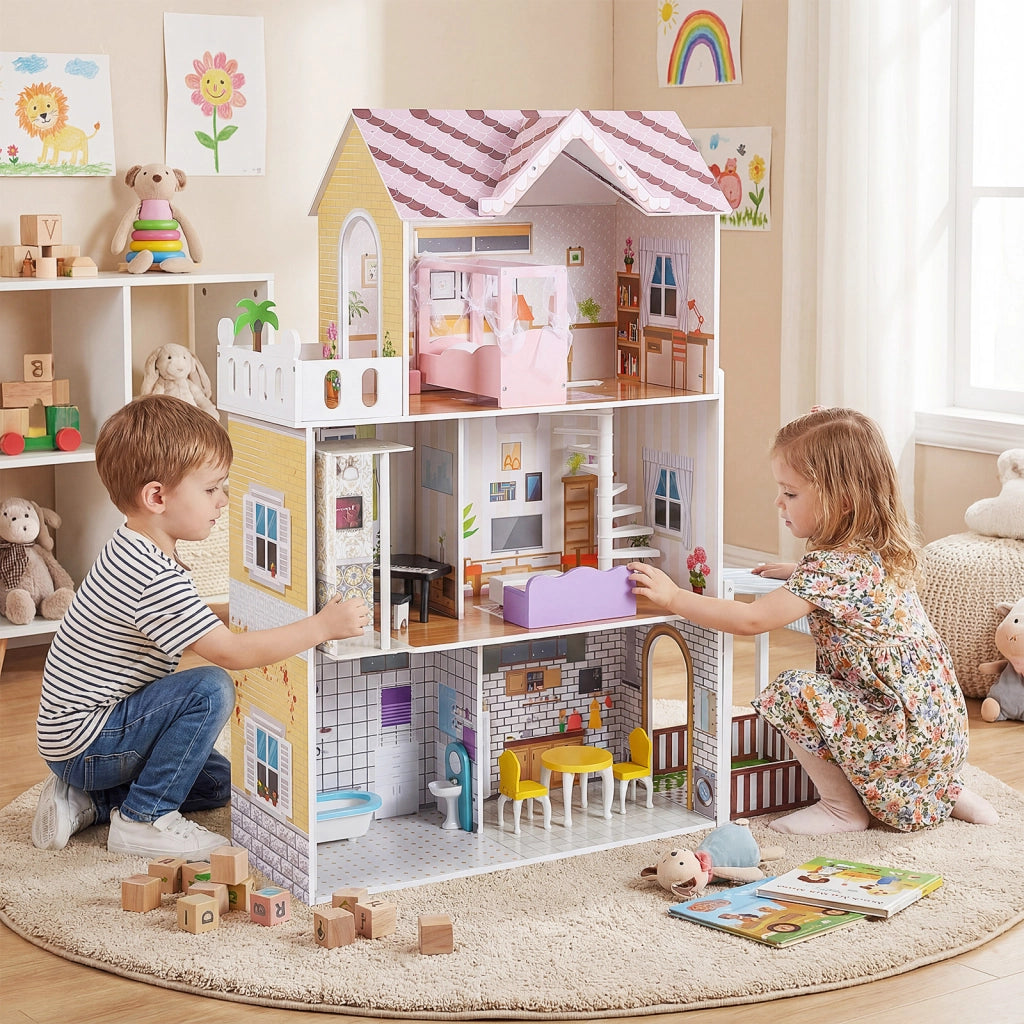 Casa bambole legno 3 piani fai-da-te 16 accessori arredamento aperta, Casa bambole balcone giardino bambini bambine 3+ anni