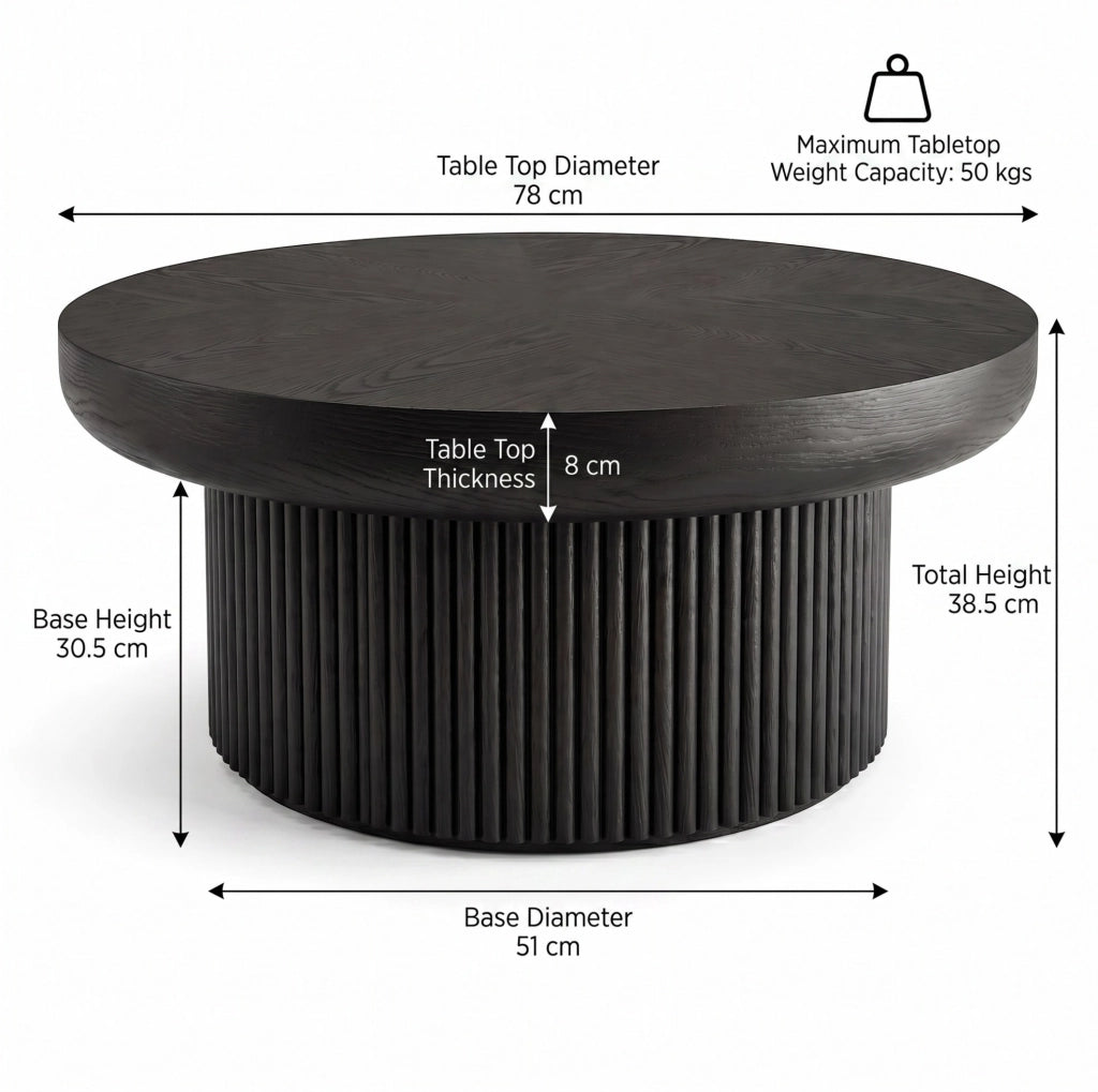 Tavolino rotondo nero con piano spesso e base scanalata