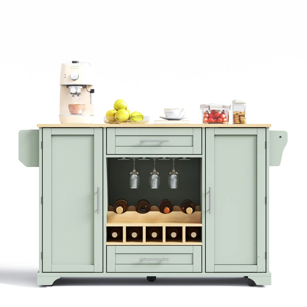 Carrello da cucina con piano ribaltabile, isola su ruote con portabottiglie, bicchieri, spezie e asciugamani, 120x45/70x92 cm, verde