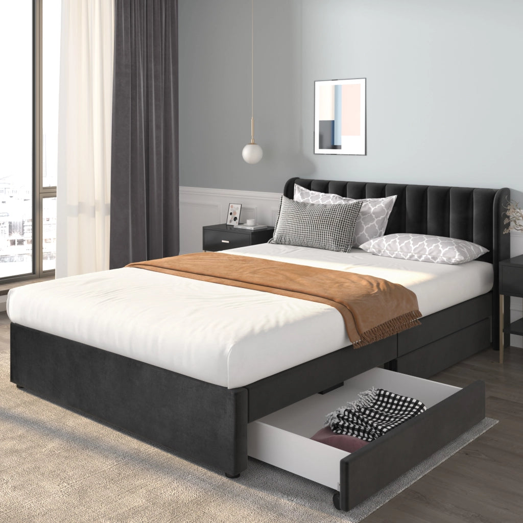 Letto matrimoniale 160x200 cm in velluto nero con testiera; doghe e 2 cassetti