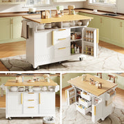 Isola Cucina Multifunzione con Estensione Tavolo, Piani Ribaltabili Bilaterali, Ante a Motivo Verticale, Ampio Spazio con Cassetti, Credenza su Ruote