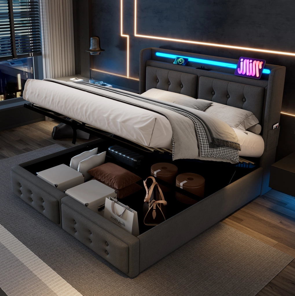 Letto imbottito 140x200 cm con materasso, LED e ricarica USB-C