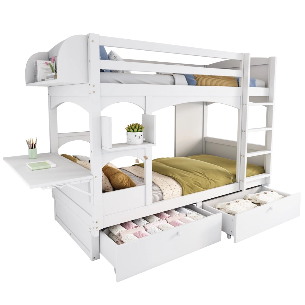Letto a castello due posti letto 90 × 200 cm con scrivania pieghevole; ripiani; 2 cassetti e scala in legno bianco