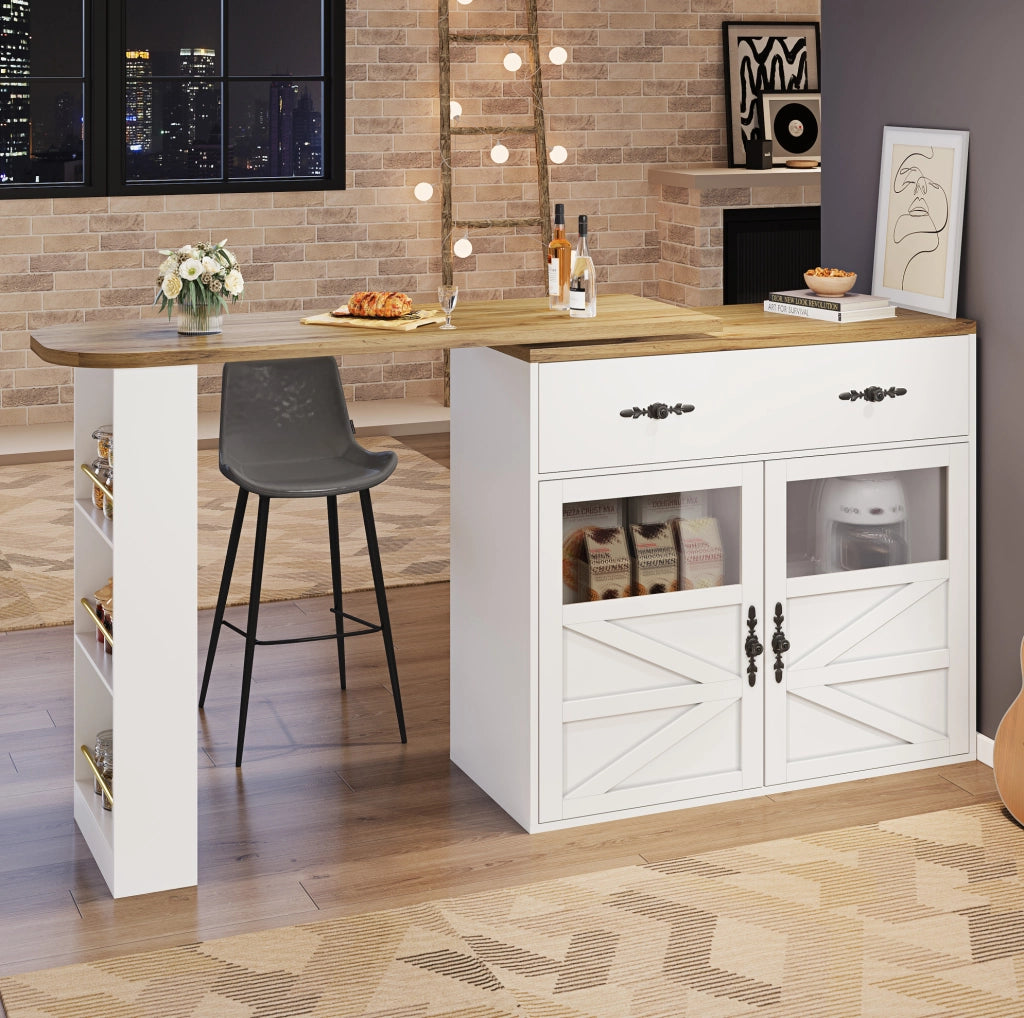 Tavolo Bar Estensibile con Ruota a 360°, MDF Bianco, 138-204×39×104 cm, Mobile Sideboard con Scaffali