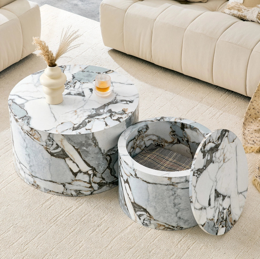 Set di 2 Tavolini Rotondi Nesting in MDF effetto legno con contenitore, diametro 62,8 cm e 44 cm
