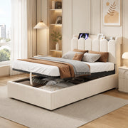 Letto singolo con contenitore 90 × 200 cm con rete a doghe testiera in velluto beige LED USB e Type-C