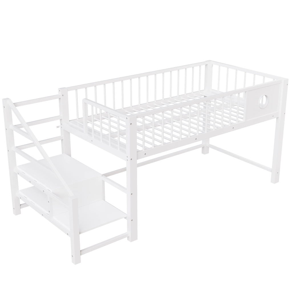 Letto a Soppalco Basso per Bambini Singolo 90x200 cm Struttura in Metallo Bianco con Scala Contenitore
