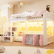 Letto a soppalco in legno 90 x 200 cm con scala contenitore e luci LED multicolore; rosa e bianco