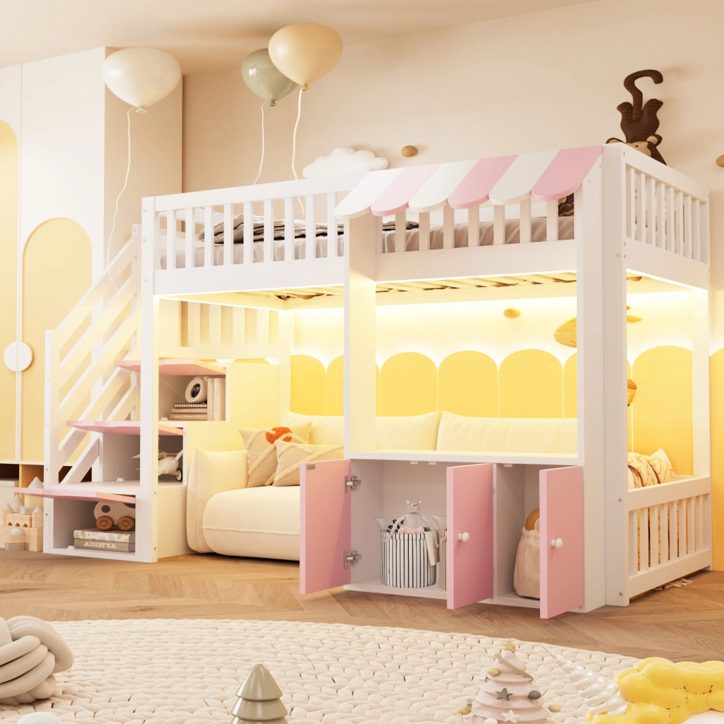 Letto a soppalco in legno 90 x 200 cm con scala contenitore e luci LED multicolore; rosa e bianco