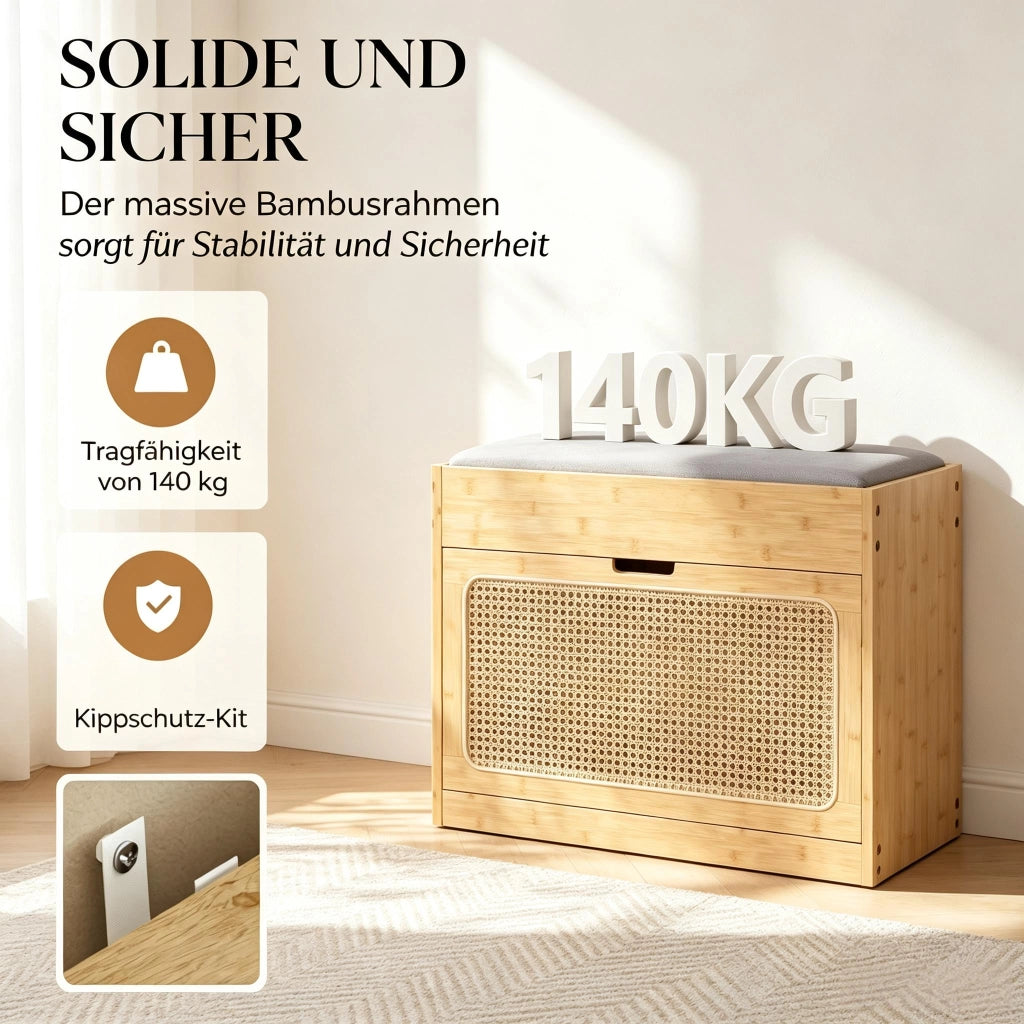 Panca da ingresso con scarpiera in bambù naturale anta in rattan PE cuscino e ripiani regolabili 48 × 63 × 29 cm