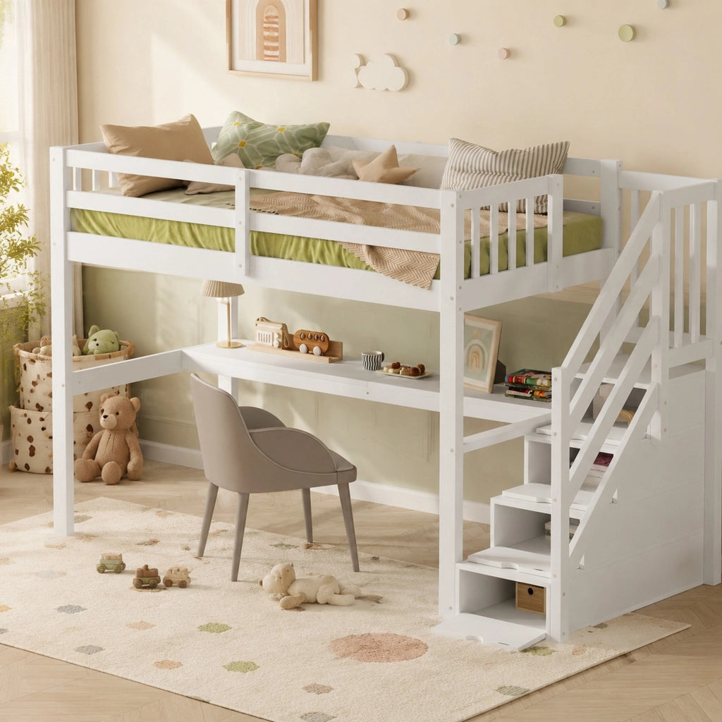 Letto a soppalco 90x200 cm in legno e MDF bianco con scrivania per bambini