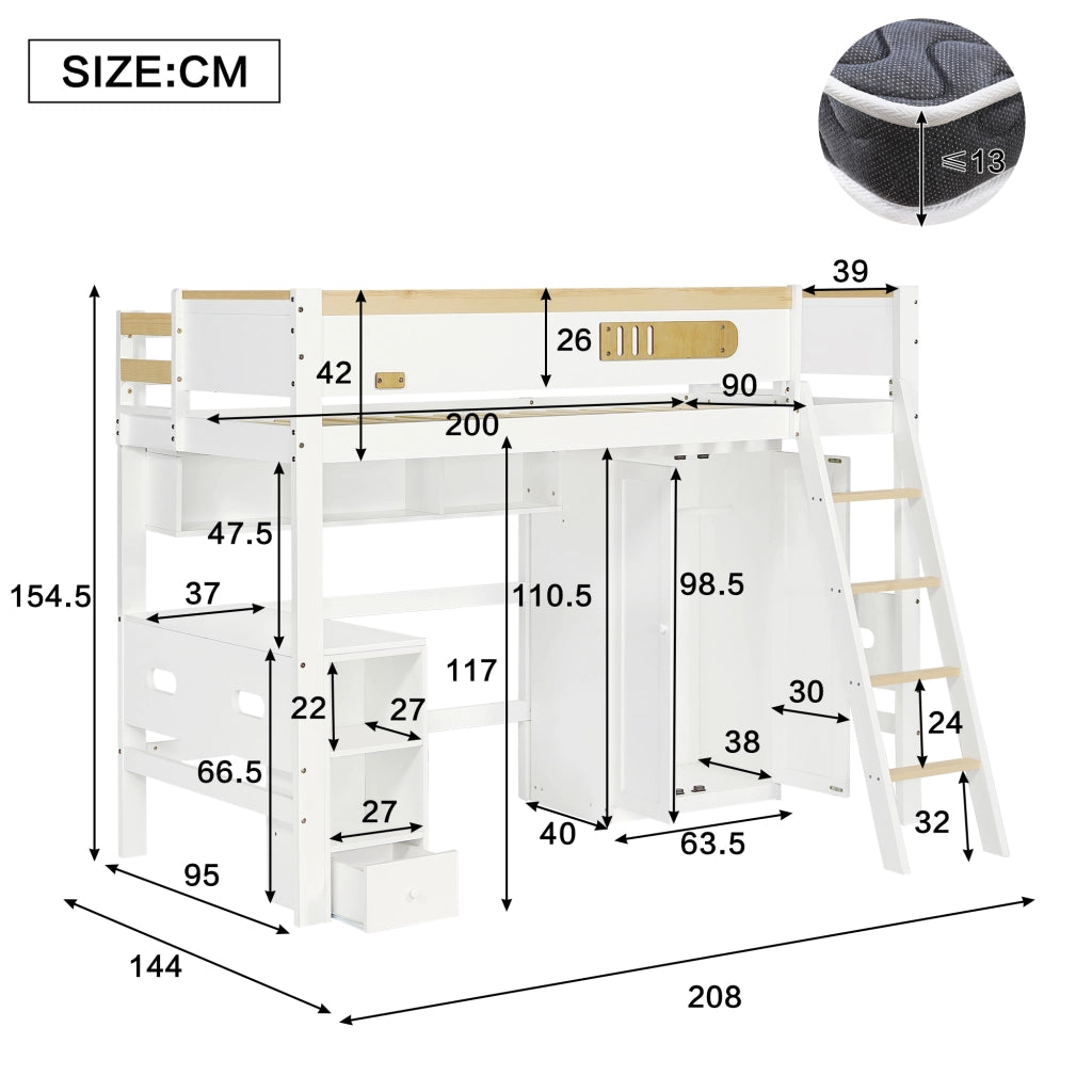 Letto a soppalco con scrivania e armadio in pino; MDF e compensato; 90x200 cm; bianco e naturale per cameretta
