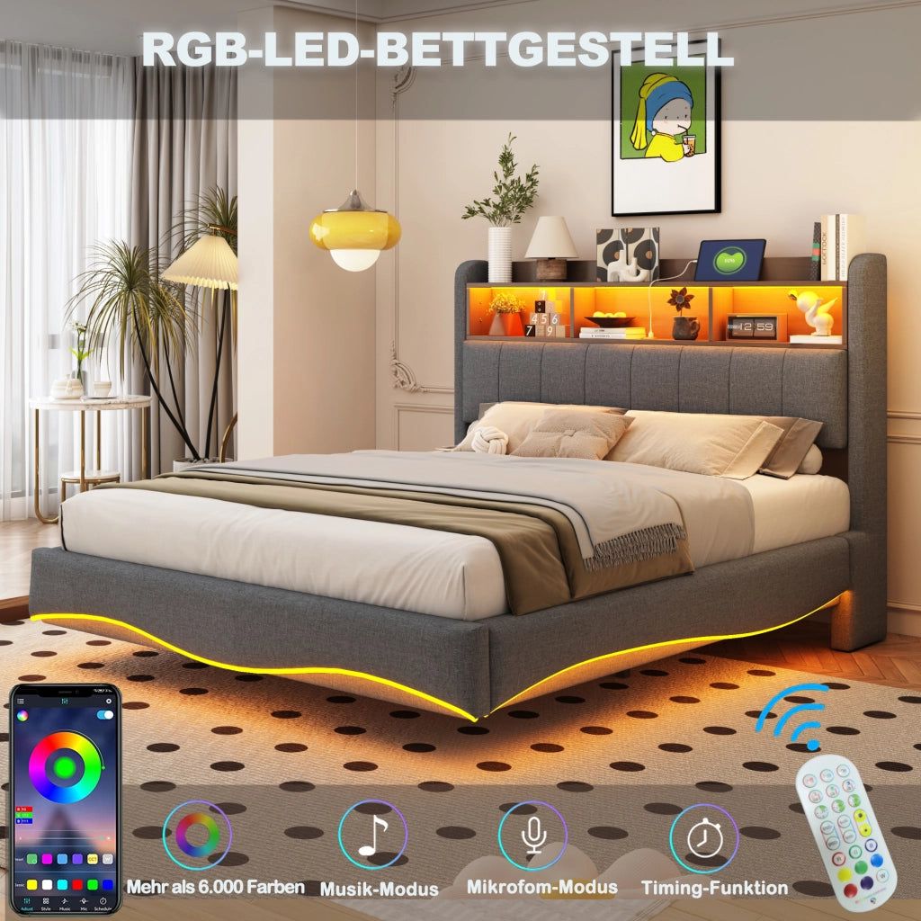 Letto imbottito sospeso 140x200 cm con LED; USB e porta Tipo-C; grigio