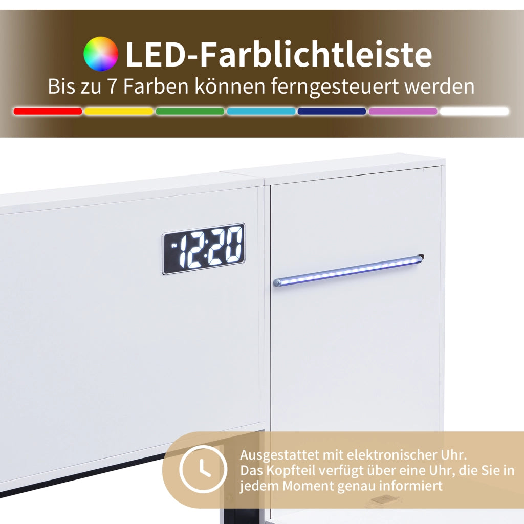 Letto matrimoniale 180 × 200 cm con LED USB-A USB-C altoparlanti Bluetooth orologio elettronico MDF bianco