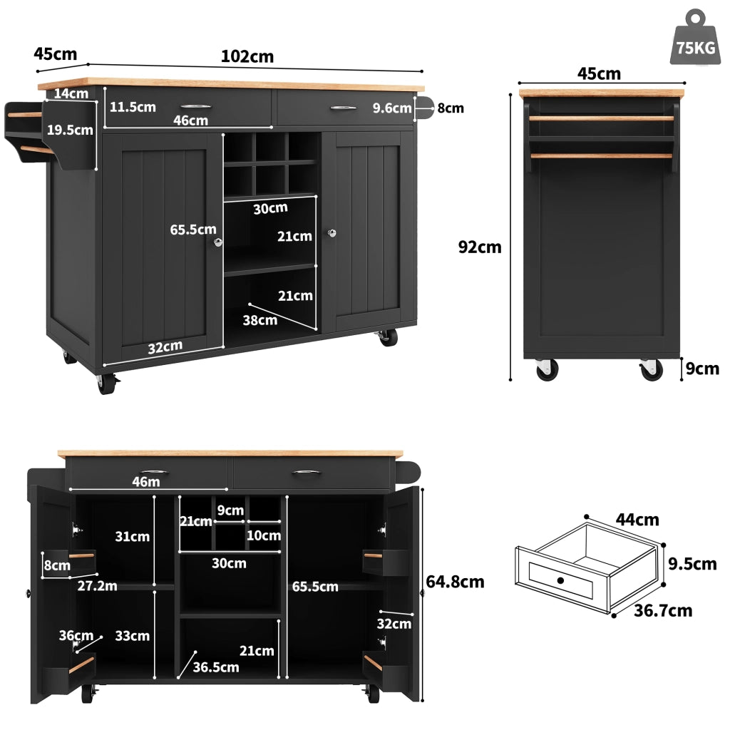 CARRELLO CUCINA 102x45x92 cm Nero in MDF e Metallo