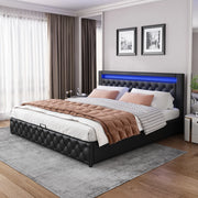 Letto imbottito 140x200 cm con contenitore e LED; in PU nero