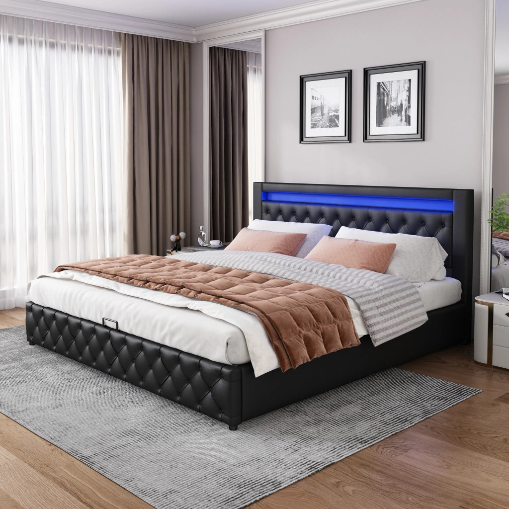 Letto imbottito 140x200 cm con contenitore e LED; in PU nero