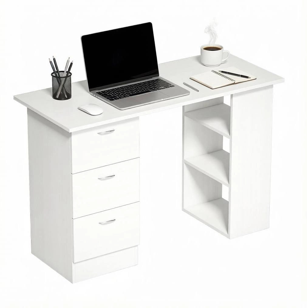 Scrivania per computer in MDF bianca con 3 cassetti e 3 ripiani