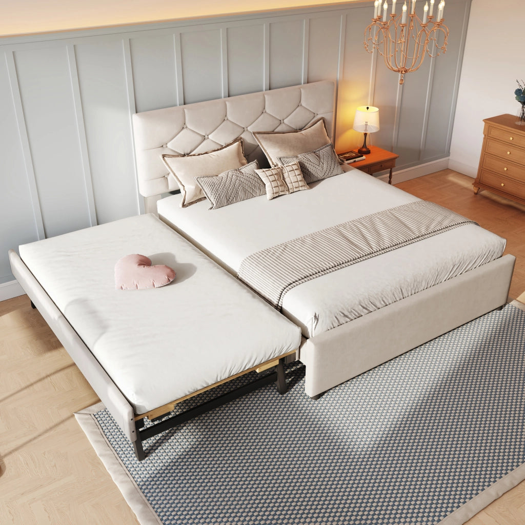 Letto imbottito 140x200 cm con rete e letto estraibile in velluto beige e MDF