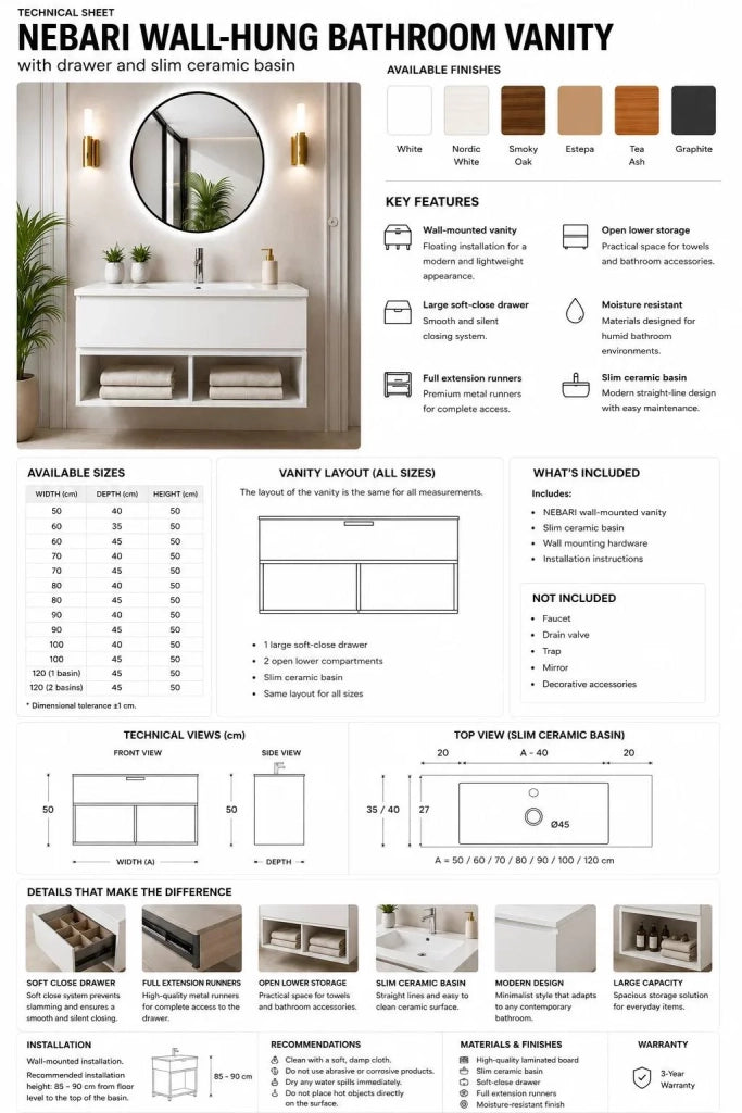 Mobile bagno sospeso con lavabo ORIGENBATH NEBARI con cassetto con colonna 90x45 cm bianco con colonna