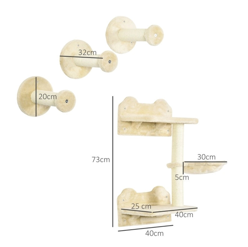 Set parete per gatti 4 pezzi con tiragraffi e amaca beige