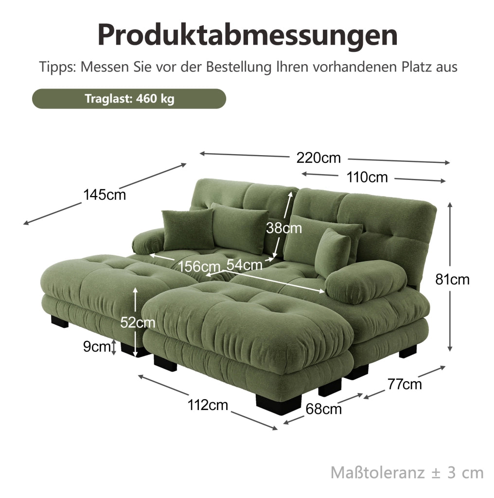 Divano angolare in chenille verde con 2 cuscini lombari, 2 cuscini decorativi e 2 pouf