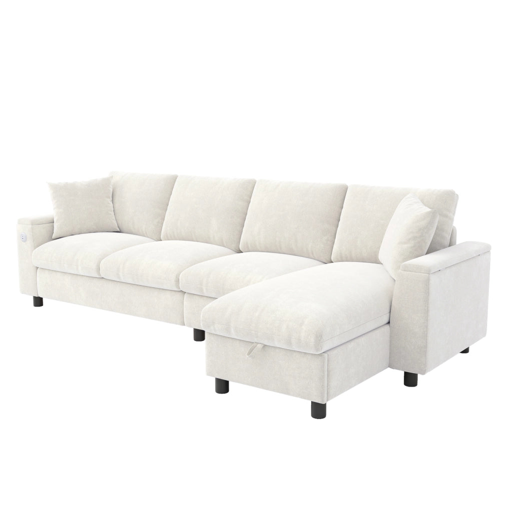Divano letto angolare reversibile in ciniglia beige con tavolino; USB e Type-C