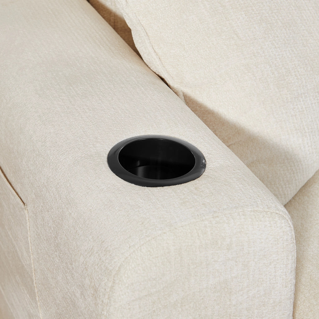 Divano relax 2 posti in chenille beige con USB, tasche e portabevande