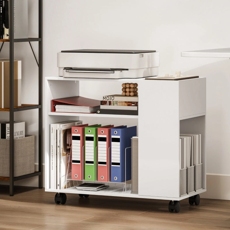 MOBILETTO Portastampante 70 x 34 x 60 cm Bianco in Legno con Ripiani e Ruote