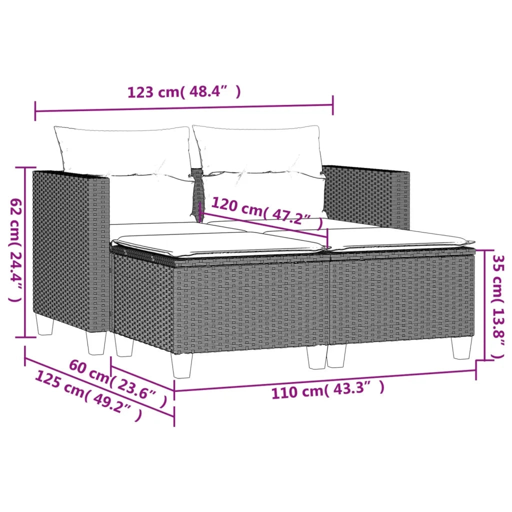 Divano da Giardino 2Posti con Sgabelli Grigio Chiaro Polyrattan 365796
