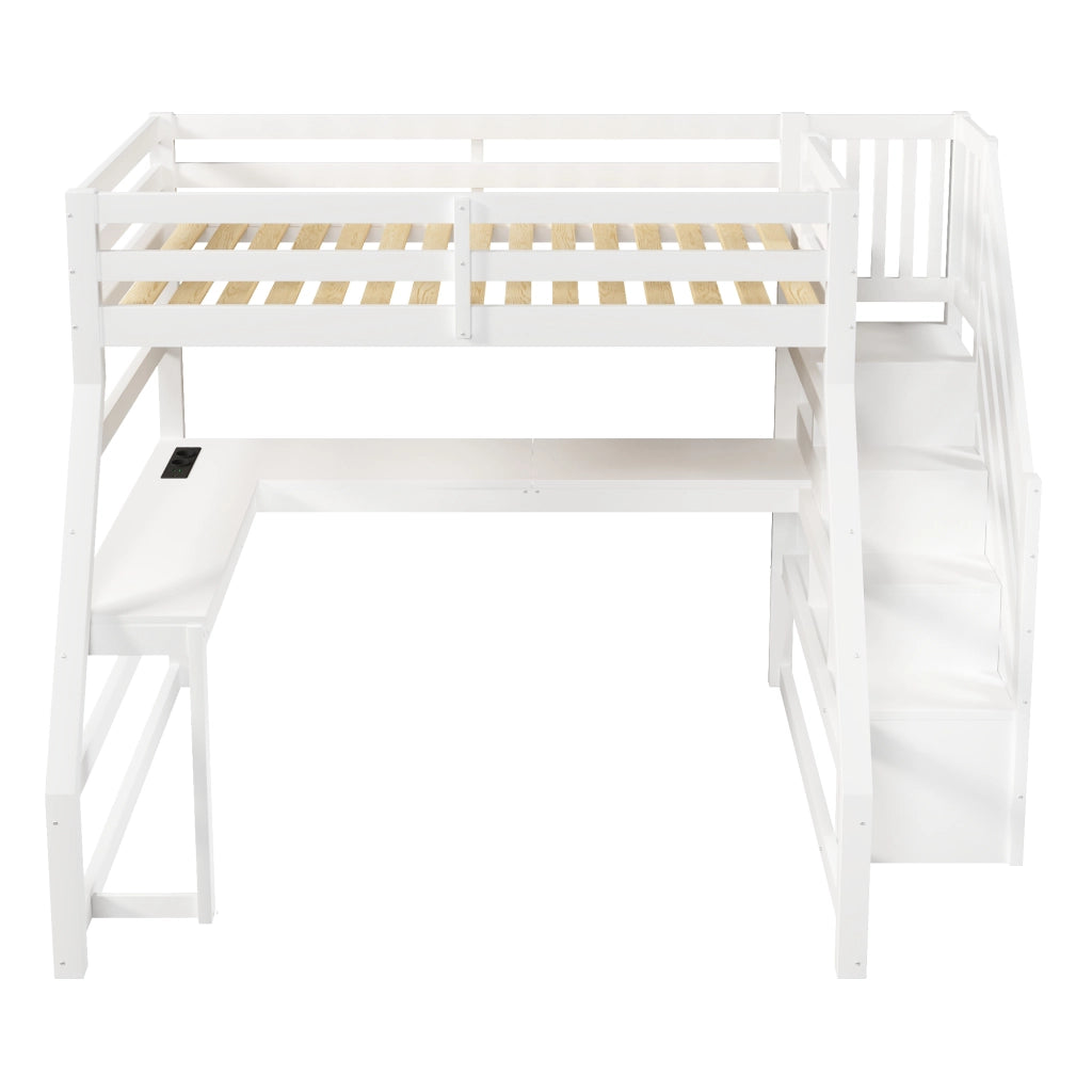 Letto a soppalco 90x200 con scrivania; bianco; scala contenitore e luci LED
