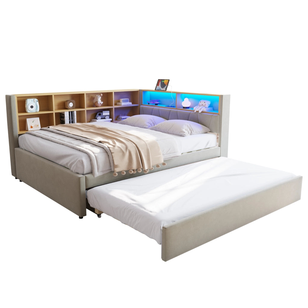 Letto con letto estraibile 140 × 200 cm con letto aggiuntivo 90 × 190 cm LED porte USB e vani grigio chiaro