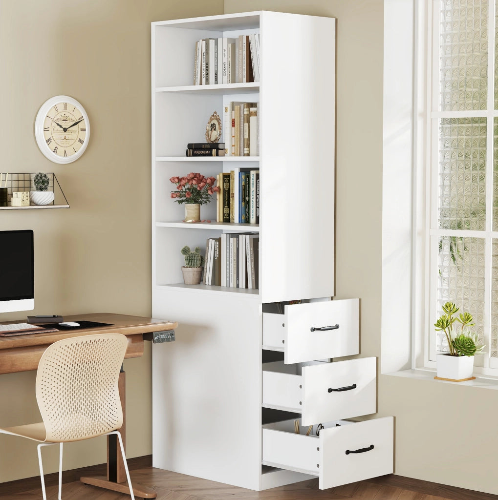 Libreria stretta 60x38x180 cm con 3 cassetti laterali e ripiani regolabili; bianca