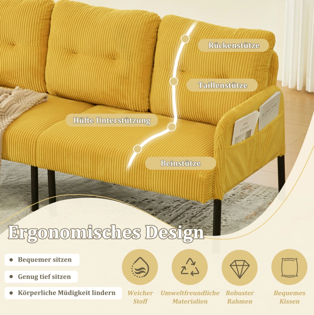 Divano 3 posti in tessuto a coste con schienale alto, tasche laterali e gambe in metallo, dimensioni 171x72x80 cm
