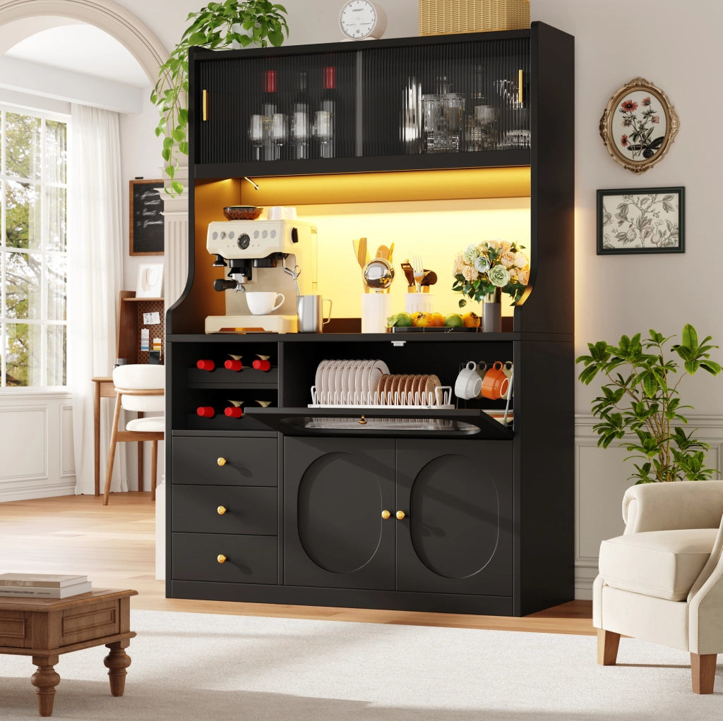 Mobile dispensa cucina 120x40x180 cm con LED RGB; ante scorrevoli in vetro e portabottiglie nero