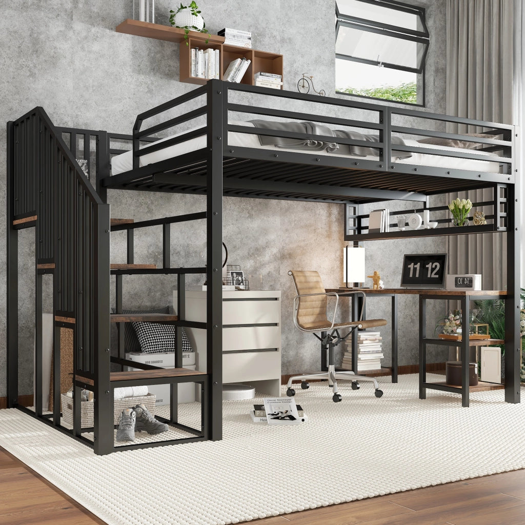 Letto a soppalco per bambini 120 × 200 cm con scrivania scaffale scale con corrimano metallo e legno nero noce scuro