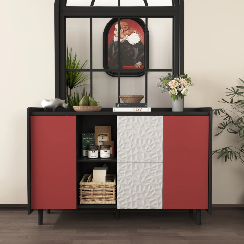 Credenza con 2 cassetti; vani aperti e armadietto chiuso in MDF nero e rosso 120 × 40 × 80 cm