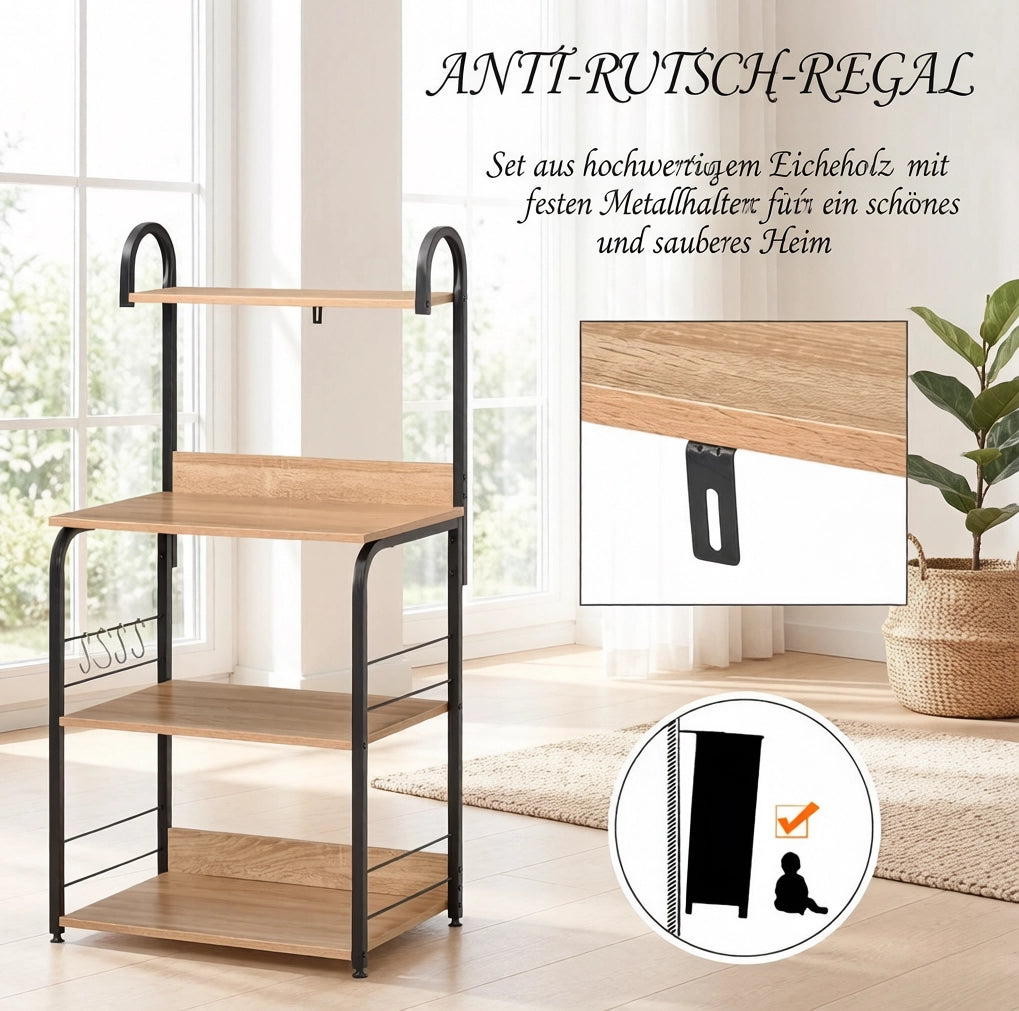 Scaffale da cucina in legno melaminico e metallo con 4 ripiani, 4 ganci, 60x40x125 cm, effetto legno naturale e nero