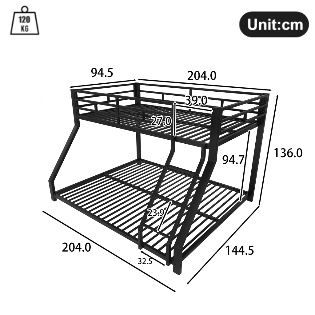 Letto a castello due livelli 90 × 200 cm e 140 × 200 cm con scala e barriera in metallo nero senza materasso