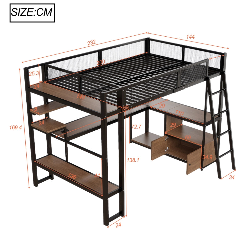 Letto a Soppalco 140x200 cm con Scrivania; LED; Contenitore; Scala e Sponde; Nero