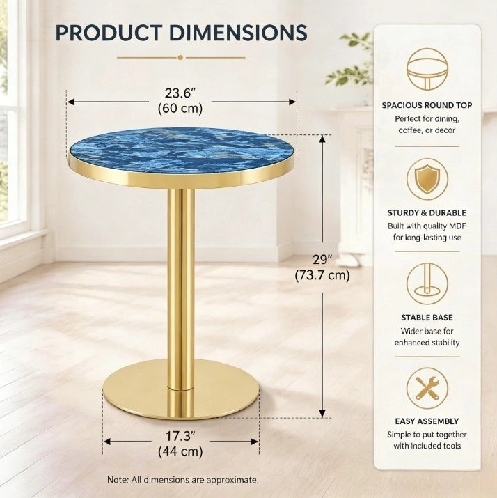 Tavolino rotondo Ø60 cm effetto marmo blu con bordo oro