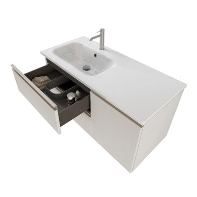 Mobile bagno sospeso 100 cm bianco opaco con cassetti e anta completo di lavabo a sinistra e specchio Master
