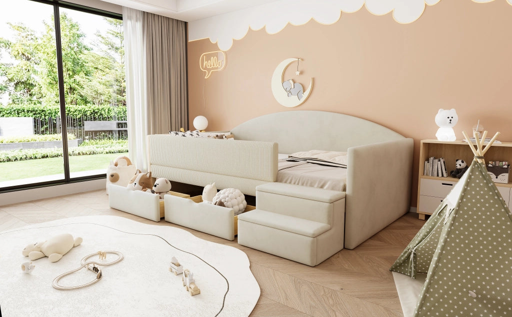 Letto per bambini imbottito 90 × 190 cm in velluto beige con due cassetti sponde gradini antiscivolo e rete a doghe