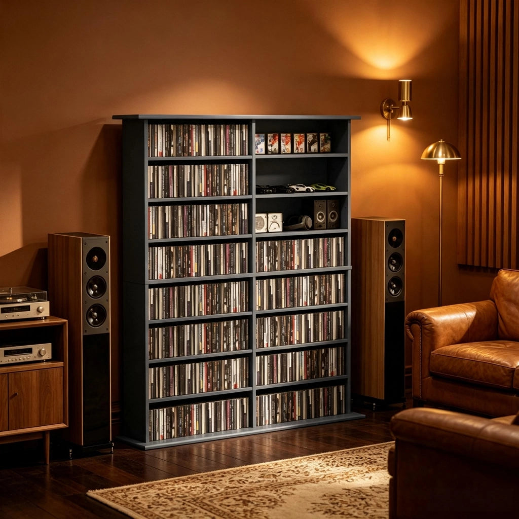 Mobile porta CD 106.5x24x126.3 cm con ripiani regolabili in pannello truciolare grigio