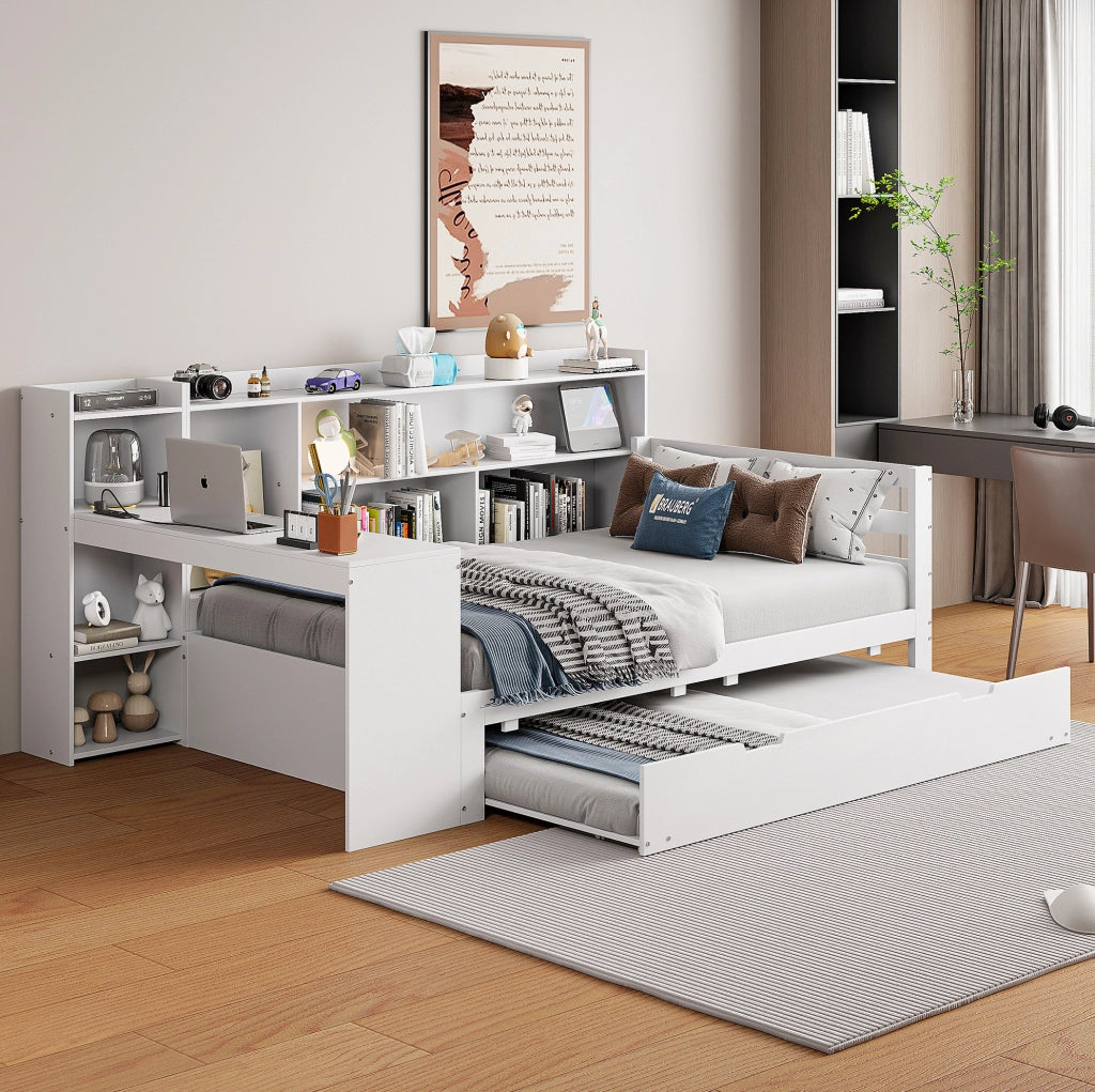 Letto multifunzionale 90x200 cm con letto estraibile; scrivania e scaffali; bianco